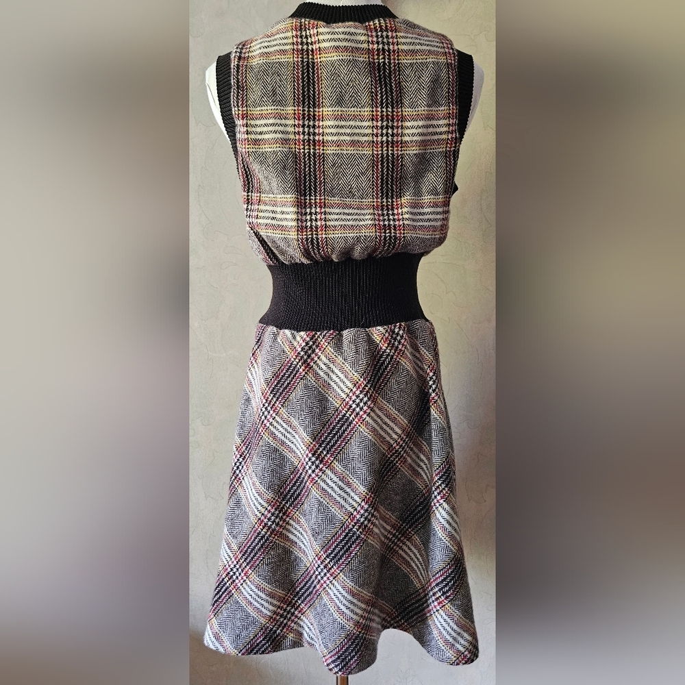 Vintage Brown Plaid Sweater Mini Dress Cinched Waist Pullover - Picture 6 of 8